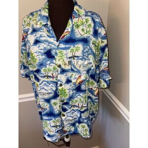 Vtg Pineapple‎ Connection Shirt Mens XL Hawaiian Camp Beach 90s Sailboats Palm